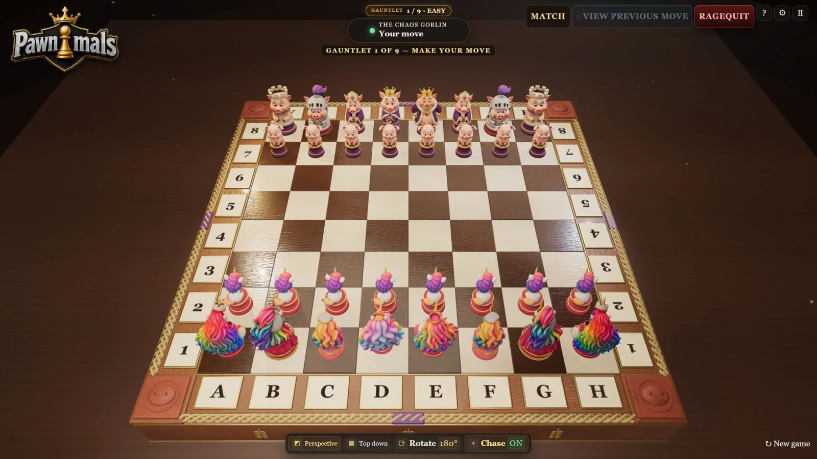Unicorn faces Pig on the updated custom Pig board in Gauntlet mode.