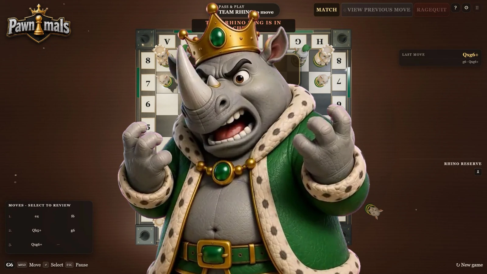 The huge Rhino king reacts over the board after being put in check.