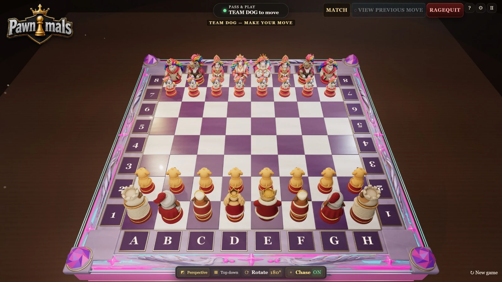Dog and Unicorn armies on the updated Unicorn board, with crystal corners and glowing pink trim.