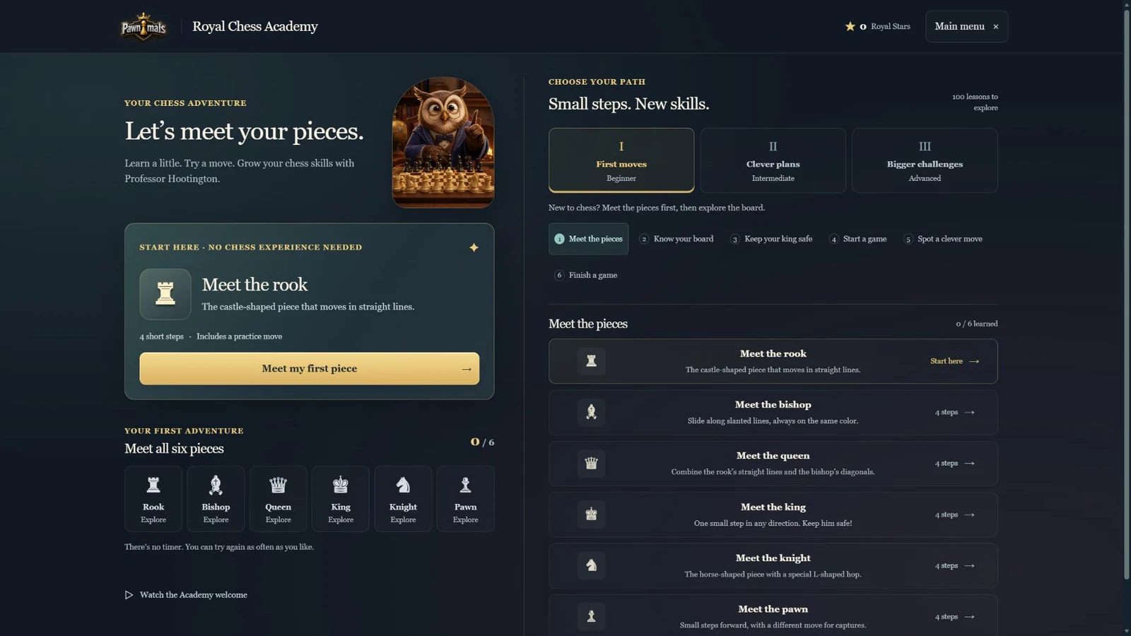The Royal Chess Academy welcome screen with Professor Hootington and a library of 100 lessons.