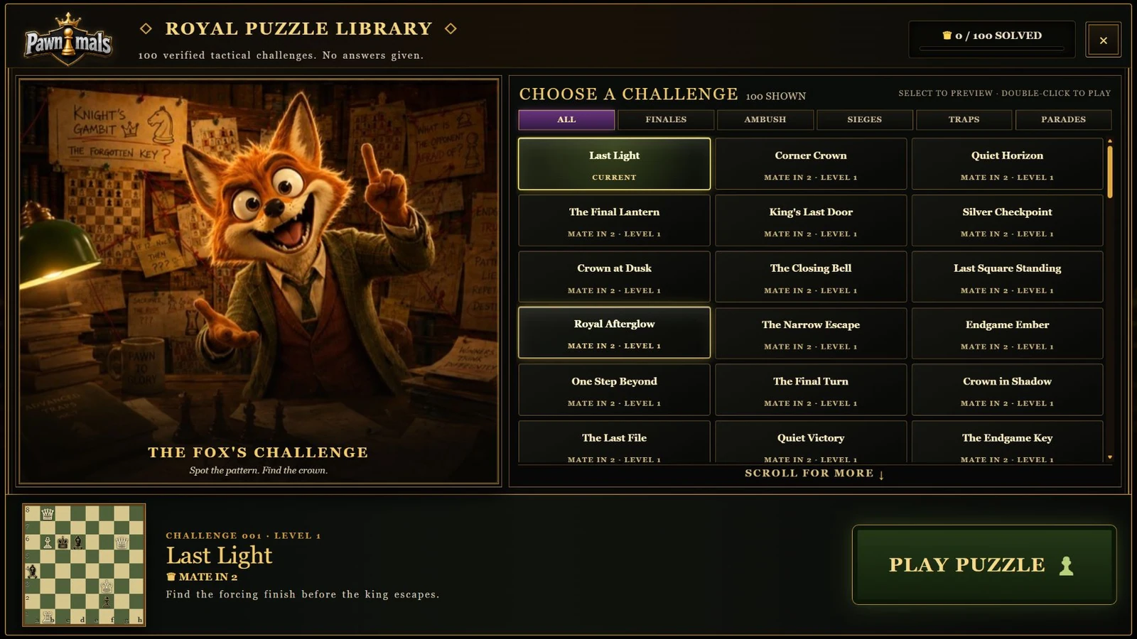The Royal Puzzle Library with the fox curator, tactical puzzle collection and position preview.